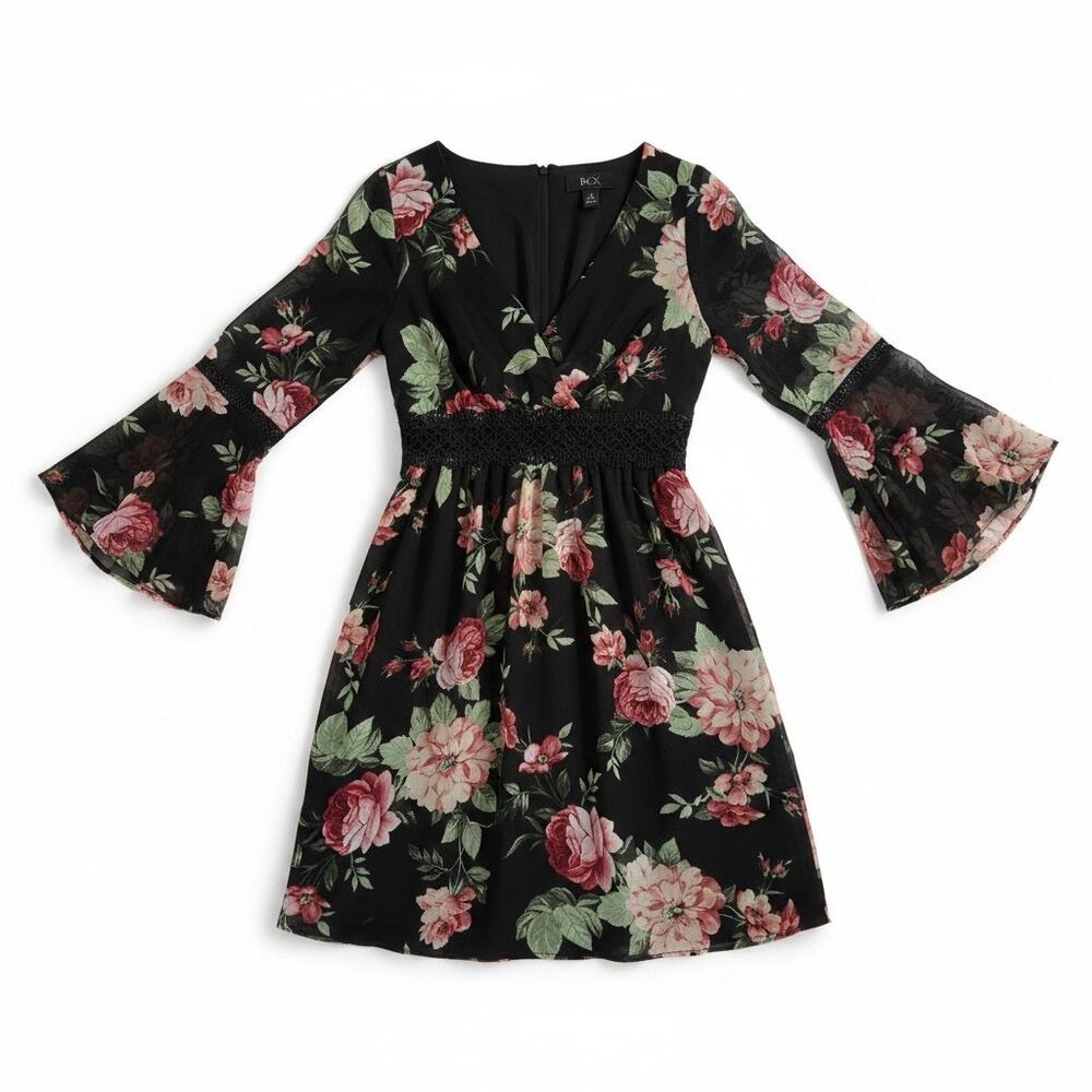 Y2K BCX Babydoll Sheer Bell Sleeve Floral Mini Dress Black Multi 3 Whimsigoth
